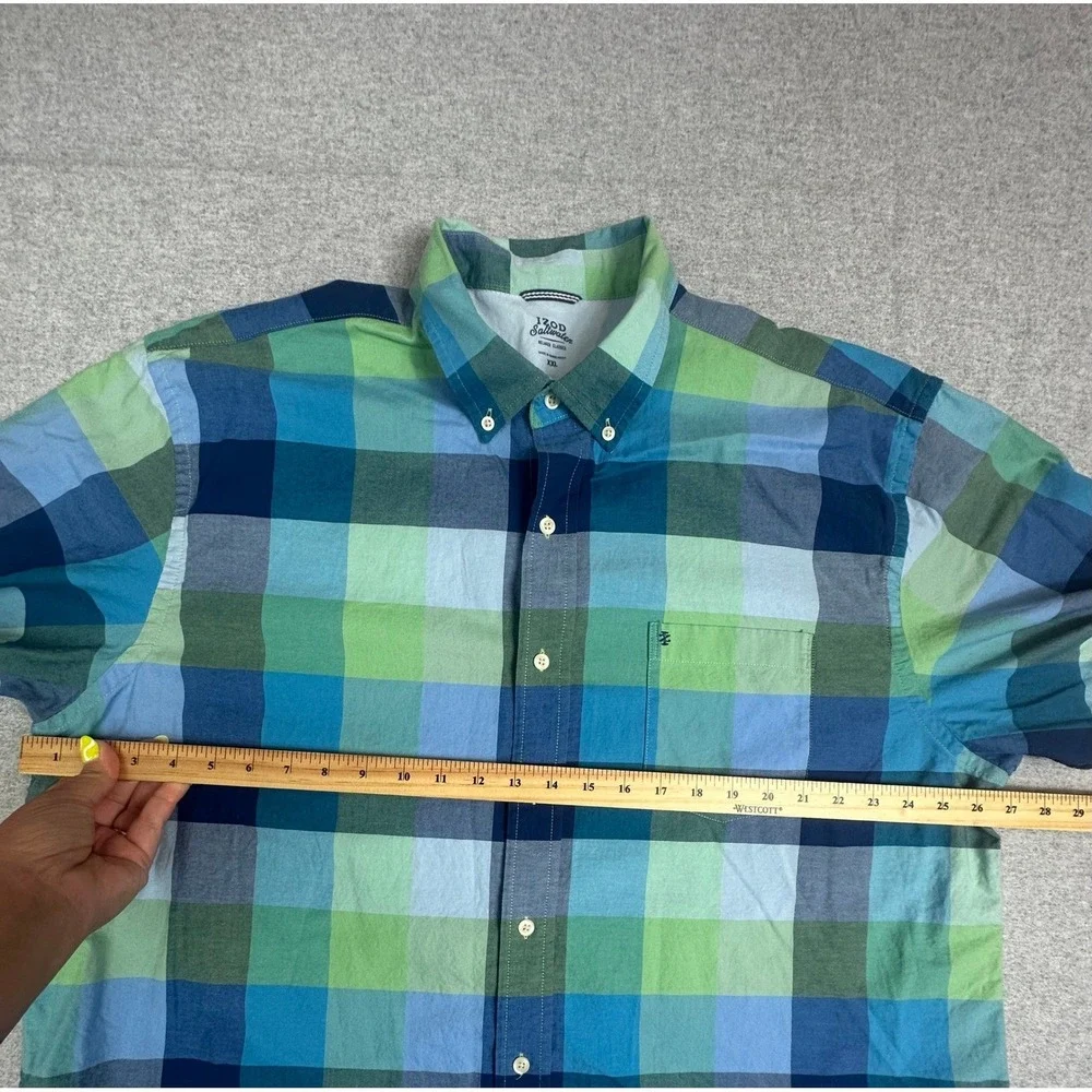 IZOD Saltwater Shirt Mens XXL Blue Green Plaid Long Sleeve Beach Vacation Preppy